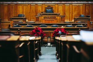 Courtroom with poinsettias