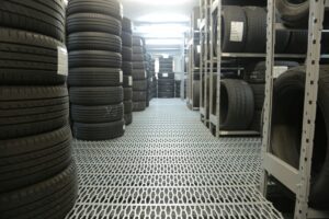 Columns of tires in a shop