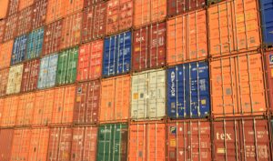 Cargo containers stacked in multiple rows