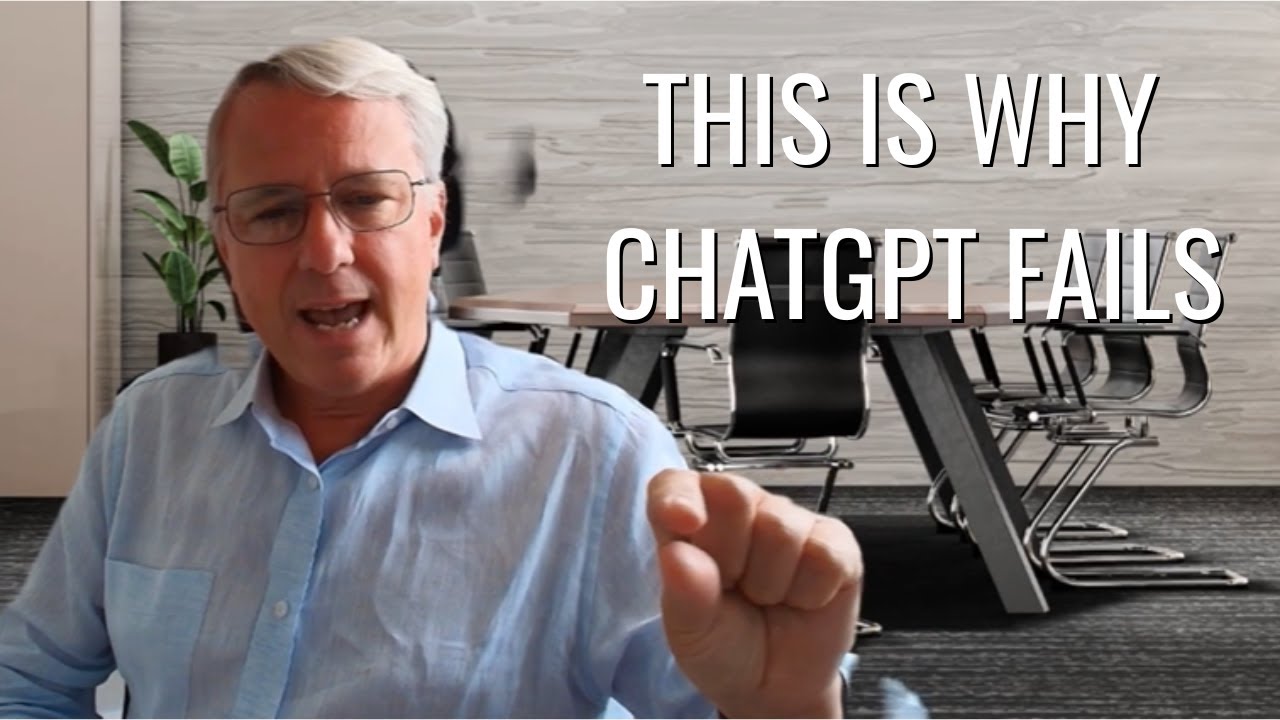 Man in a light blue shirt gestures while discussing ChatGPT's shortcomings in a modern office setting.