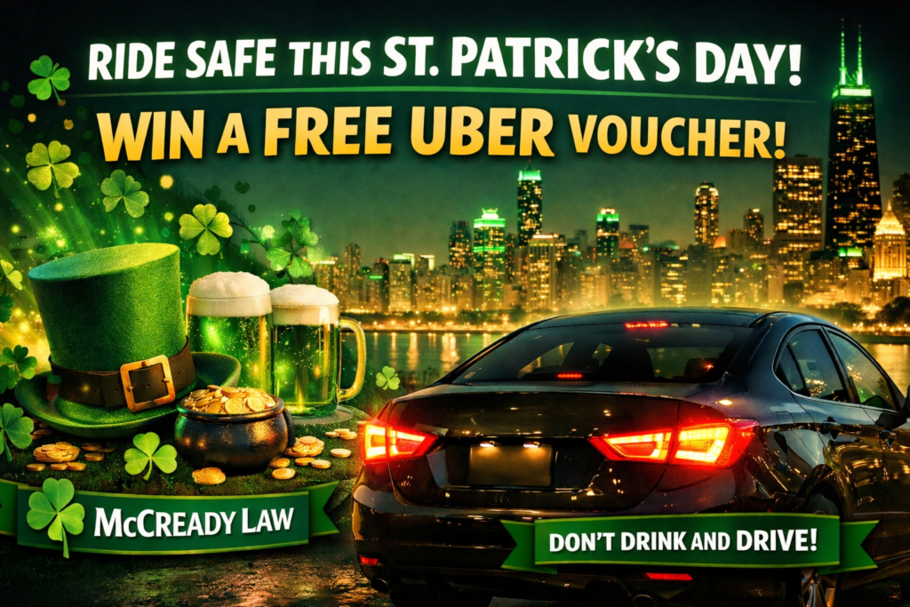 St. Patrick's Day promotion with green hat, beers, gold coins, city skyline, and text about Uber voucher and safety.