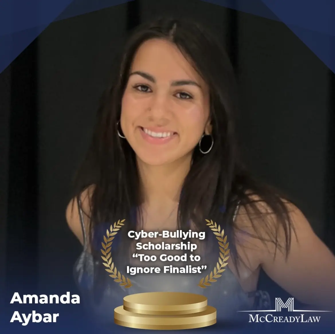 Amanda Aybar smiles, wearing a silver top, with text announcing her as a finalist for a cyber-bullying scholarship.