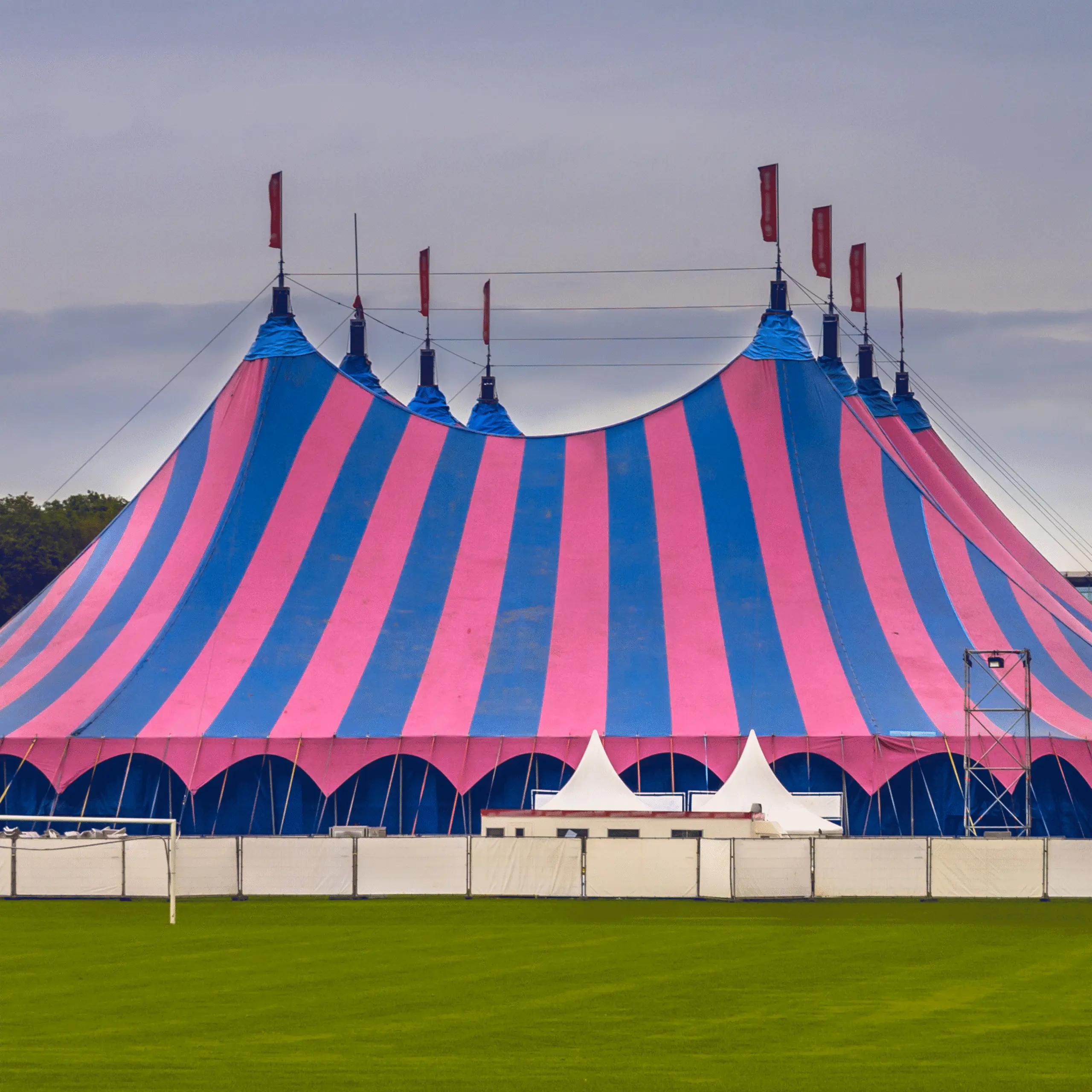 Large pink and blue striped circus tent with flags, set against a grassy field and cloudy sky.