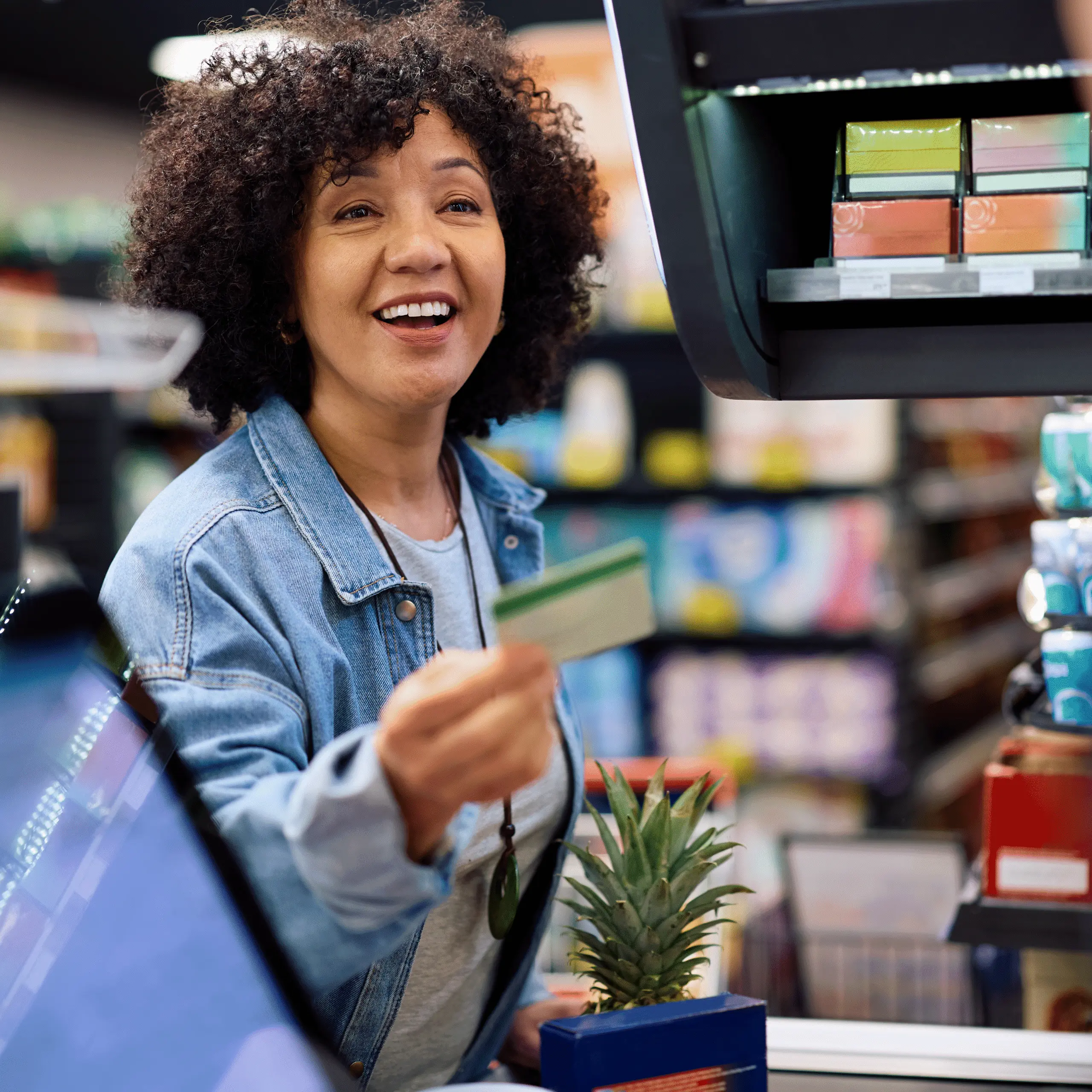 Smiling woman with curly hair holds a gift card at a grocery store checkout, with a pineapple on the counter.