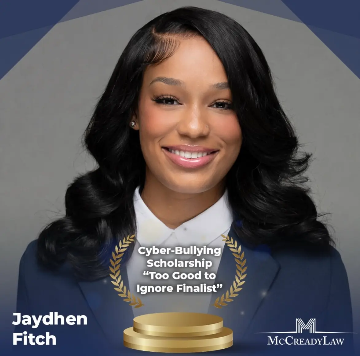 Jaydhen Fitch smiles in a blue blazer, awarded finalist for the Cyber-Bullying Scholarship by McCready Law.