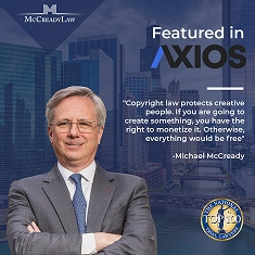 Michael McCready stands in front of a city skyline, with a quote about copyright law and the Axios logo.