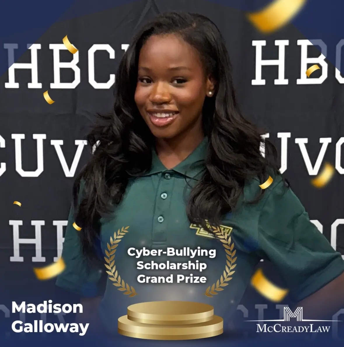 Madison Galloway smiles in a green polo, holding a trophy for the Cyber-Bullying Scholarship Grand Prize.