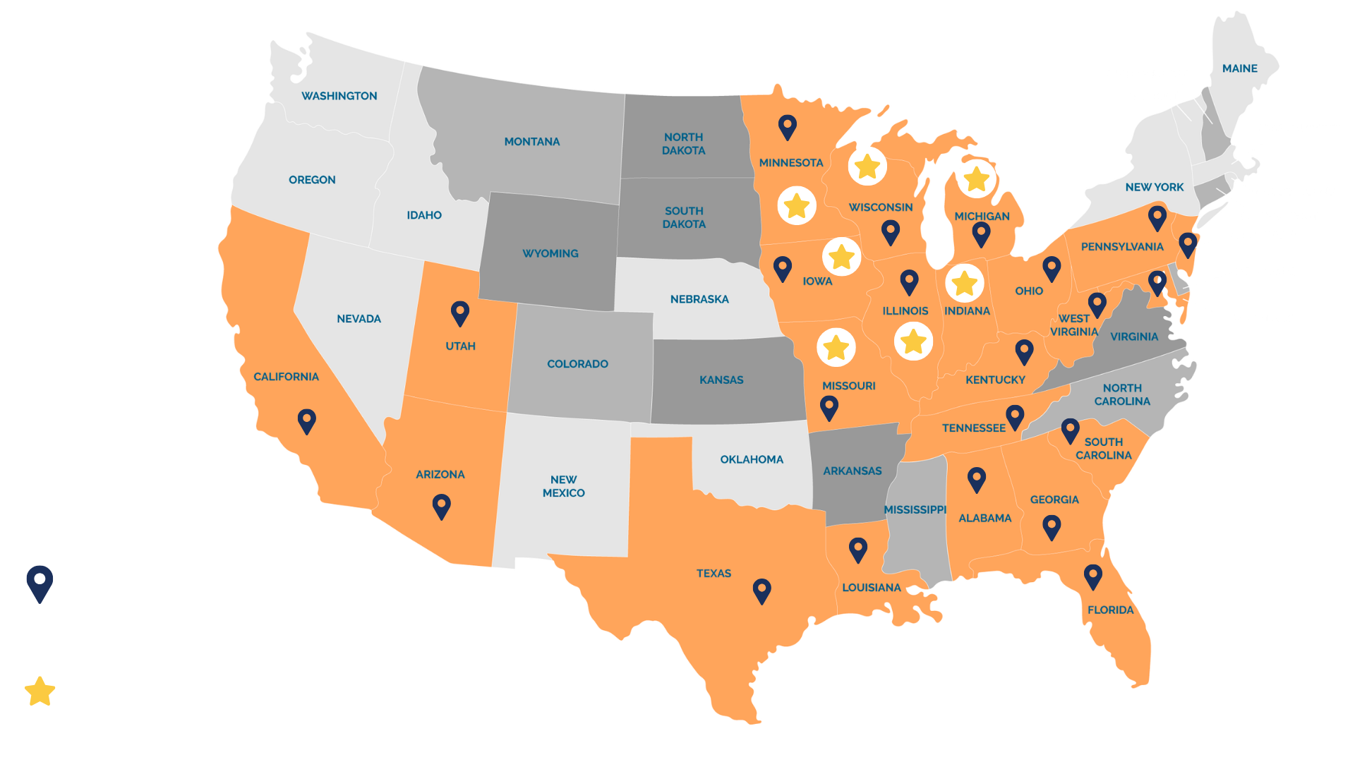 Map of the U.S. highlighting states in orange, indicating 1961 cases won since 2025, with office locations marked.