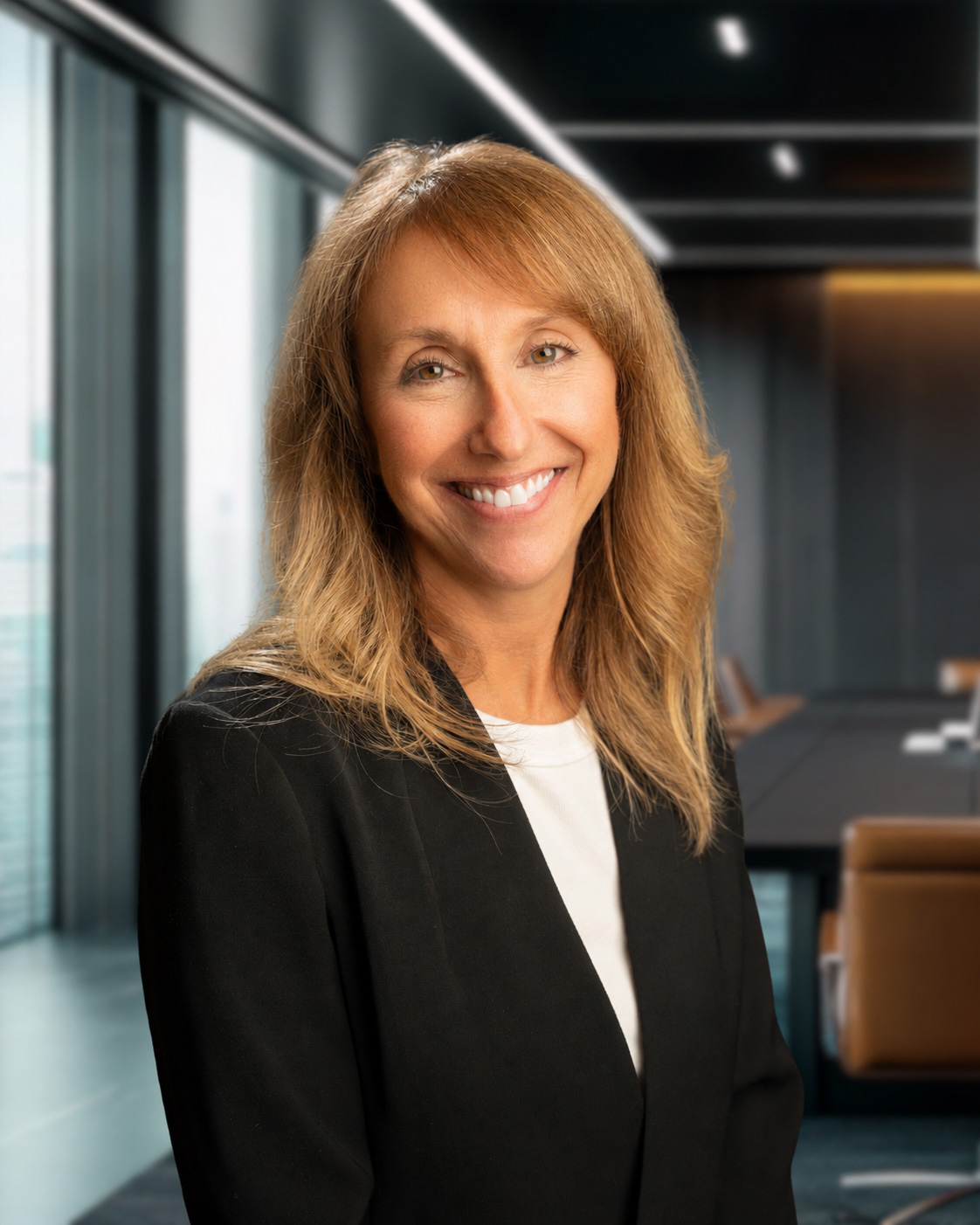 Smiling woman with long, wavy hair in a black blazer, standing in a modern office with large windows.