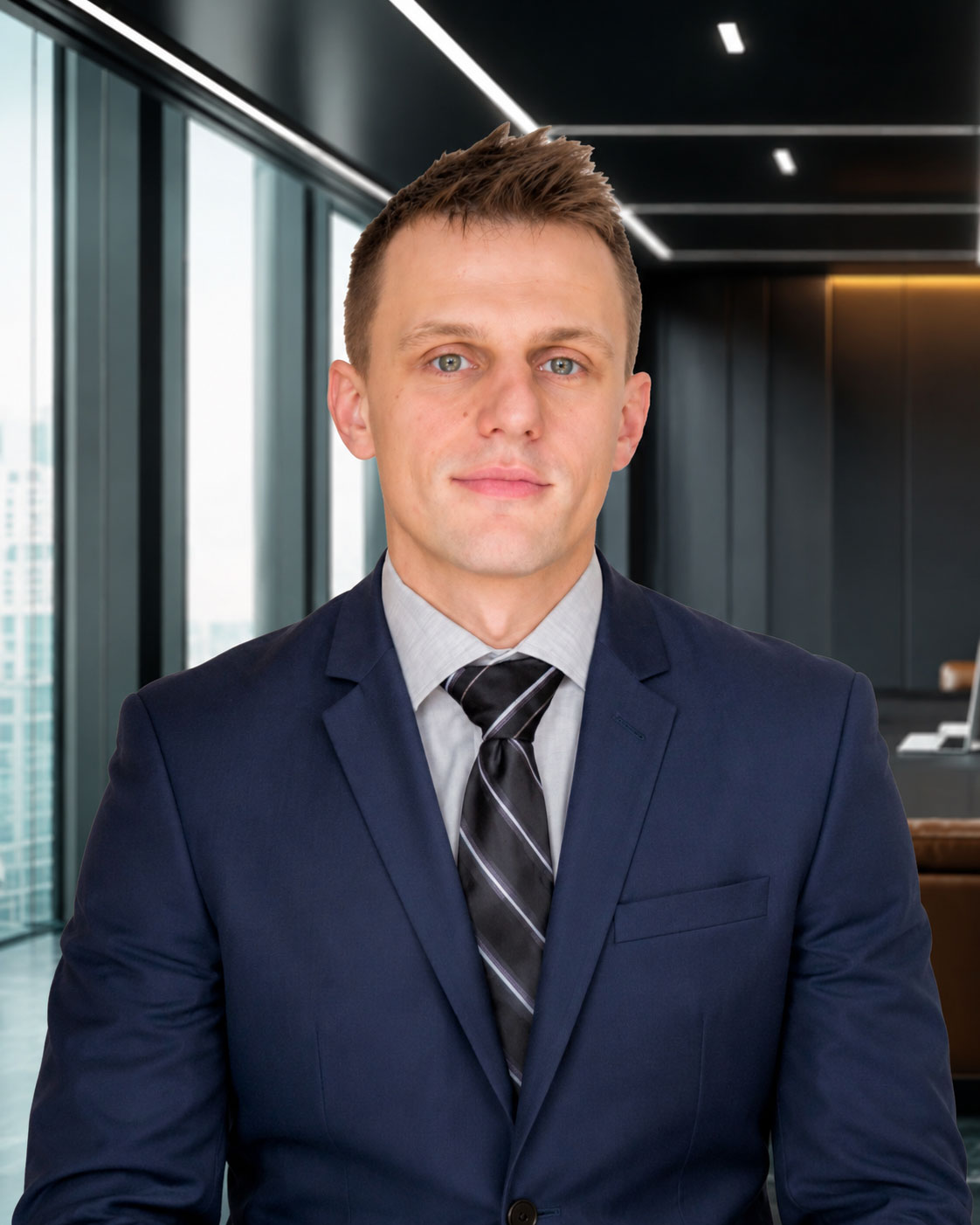 Man in a navy suit and striped tie, seated in a modern office with large windows and a city view.