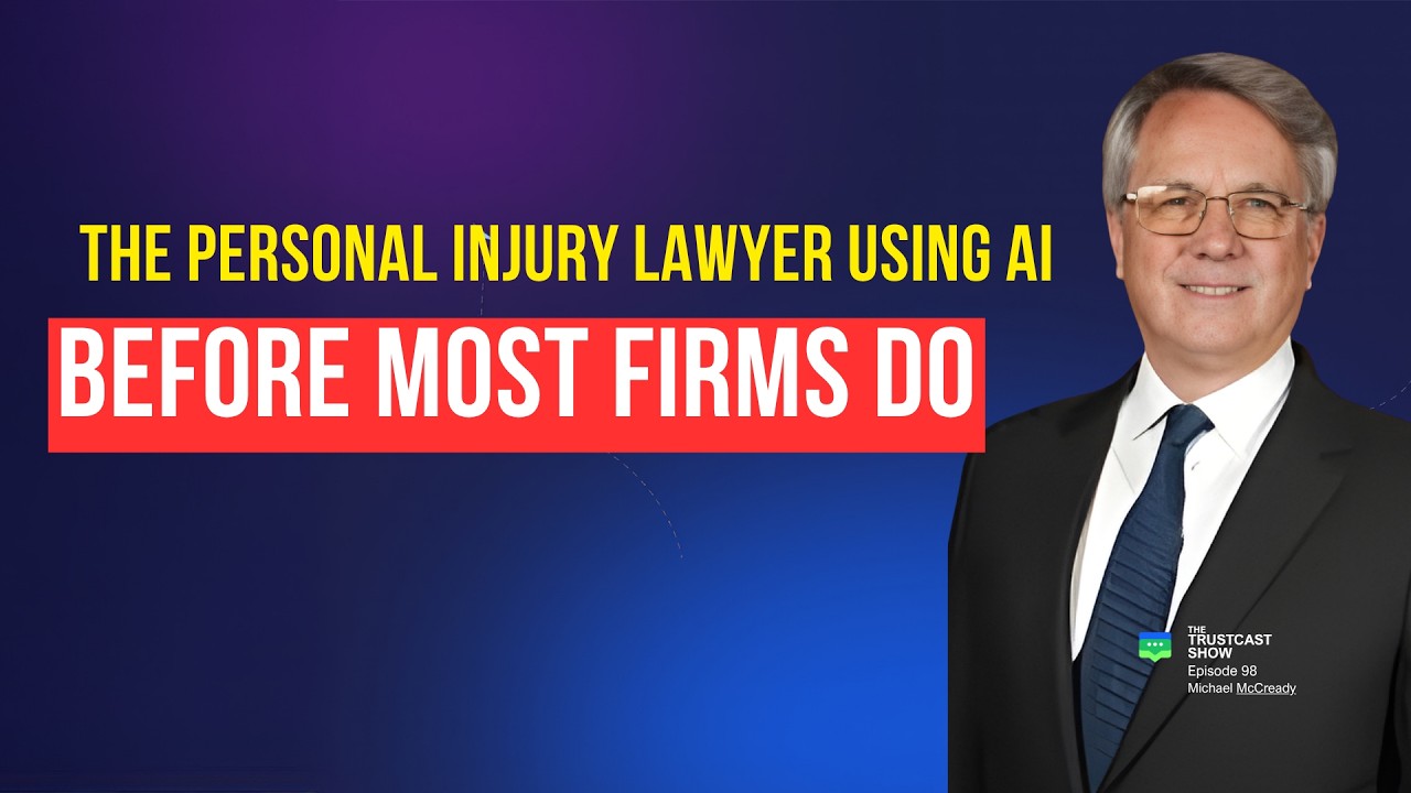 Text highlights a personal injury lawyer using AI, featuring a smiling man in a suit against a blue background.