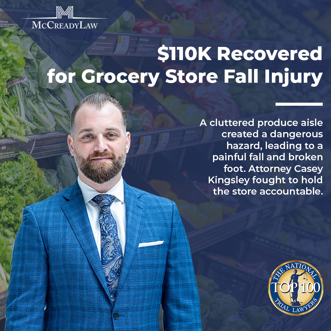 Attorney Casey Kingsley in a blue suit stands in a grocery store produce aisle, with text about a fall injury case.