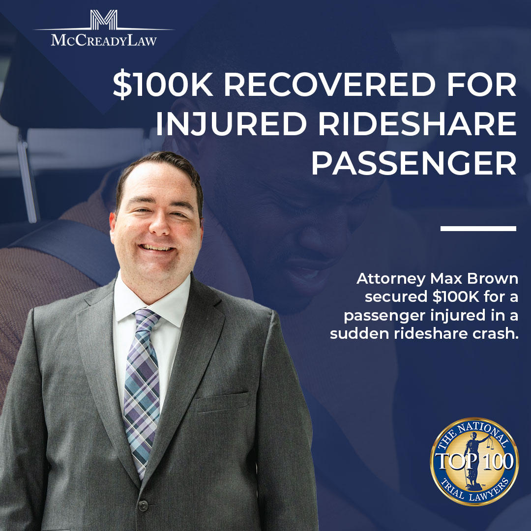 Max Brown in a suit smiles, with text about recovering $100K for an injured rideshare passenger. Logo of The National Trial L