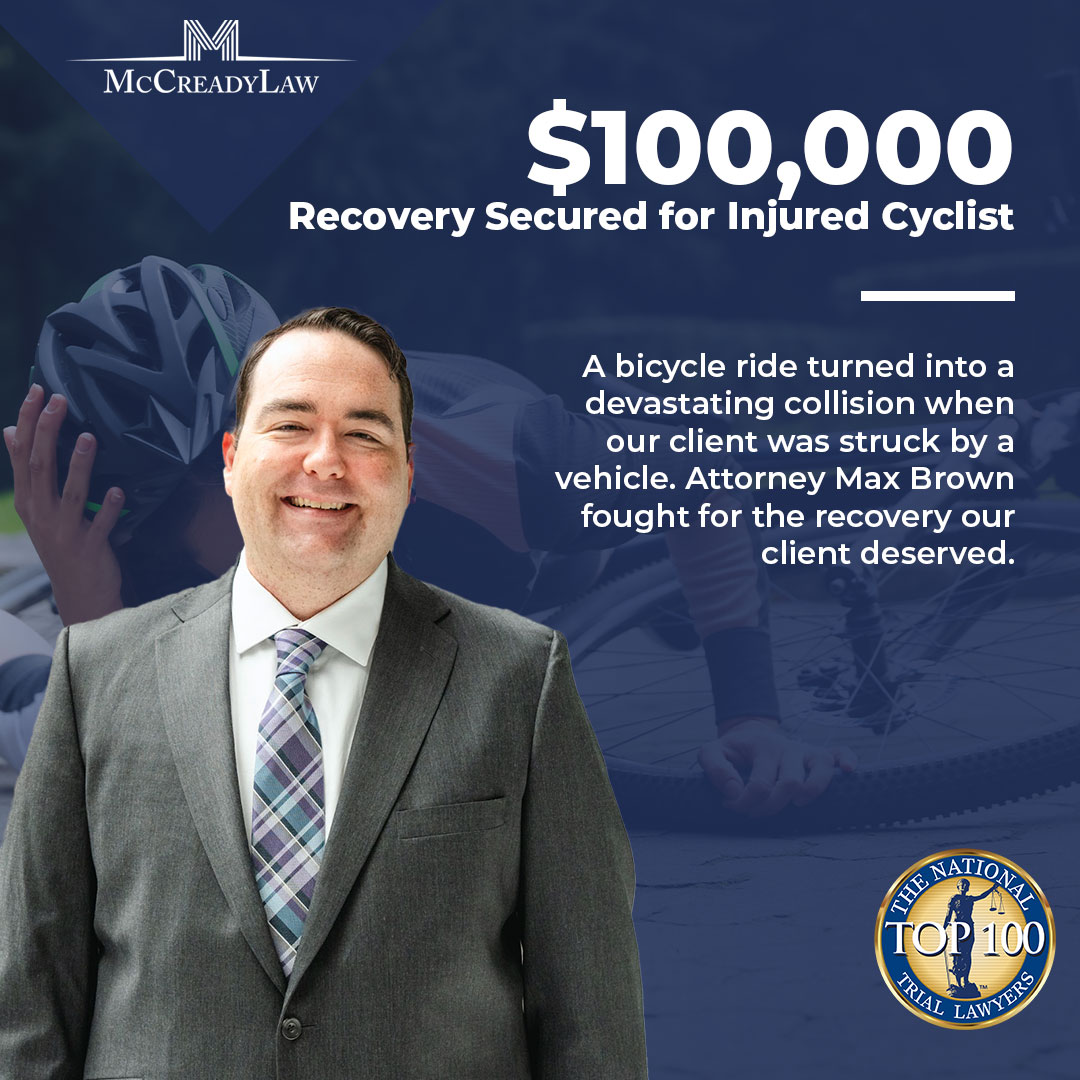 Max Brown in a gray suit smiles in front of a blurred cycling accident scene. Text highlights a $100,000 recovery.